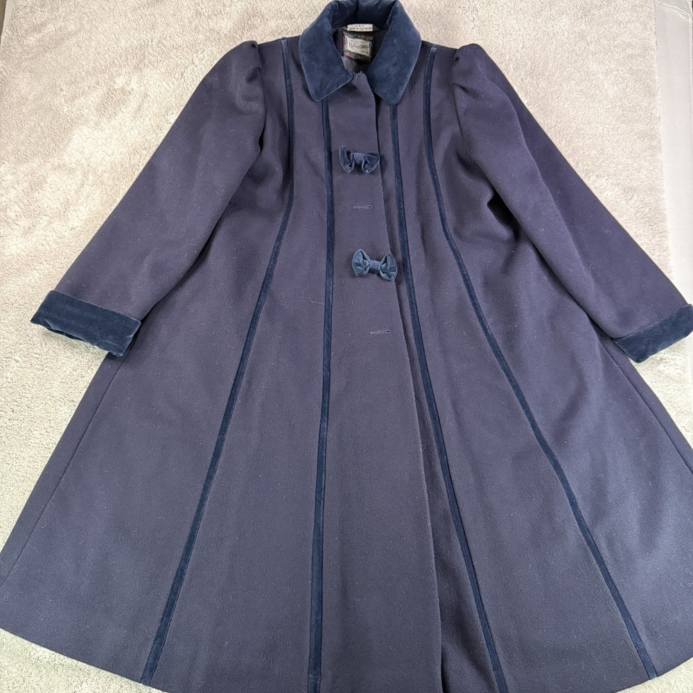 Vintage Rothschild Wool Coat Womens 14 Navy Velvet Trim Swing Long Overcoat 80s